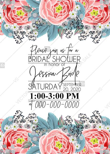 Wedding - Wedding marriage invitation set pink peony tea rose ranunculus floral card template PDF 5x7 in customize online