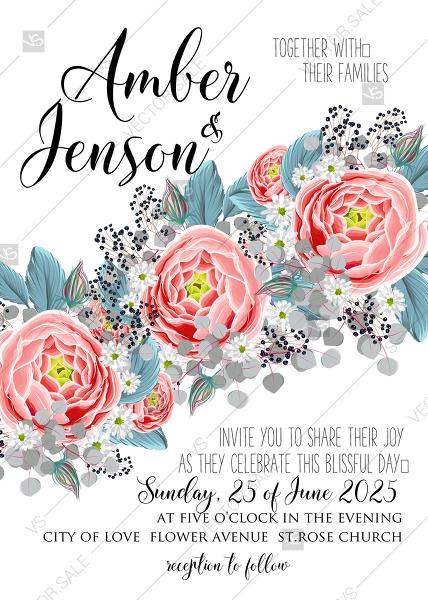 زفاف - Wedding invitation set party pink peony tea rose ranunculus floral card template PDF 5x7 in edit online
