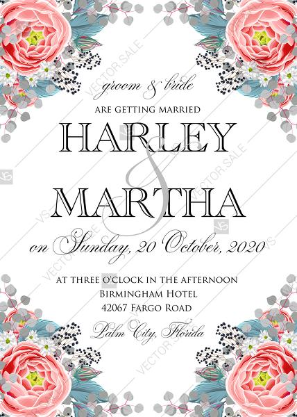 Свадьба - Wedding invitation set frame of pink peony tea rose ranunculus floral card template PDF 5x7 in customizable template