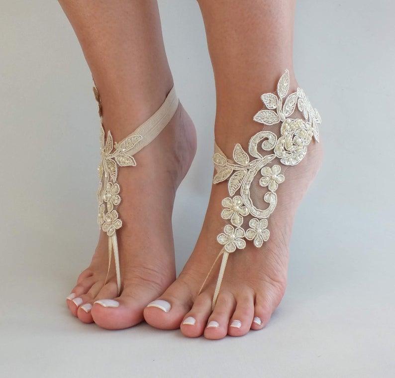 Mariage - Champagne Lace Sandal Beach Wedding Barefoot Sandals Bridesmaids Gift Bridal Jewelry Wedding Shoes Bangle Bridal Accessories Anklet