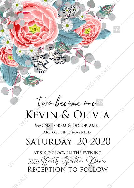 Wedding - Wedding invitation set holiday pink peony tea rose ranunculus floral card template PDF 5x7 in edit template