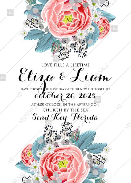 Hochzeit - Wedding invitation set pink peony bouquet tea rose ranunculus floral card template PDF 5x7 in instant maker