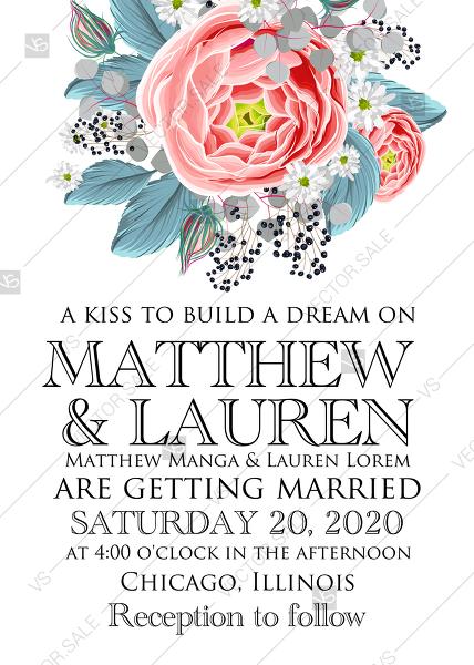 Hochzeit - Wedding invitation set pink peony tea rose ranunculus floral greenery card template PDF 5x7 in wedding invitation maker