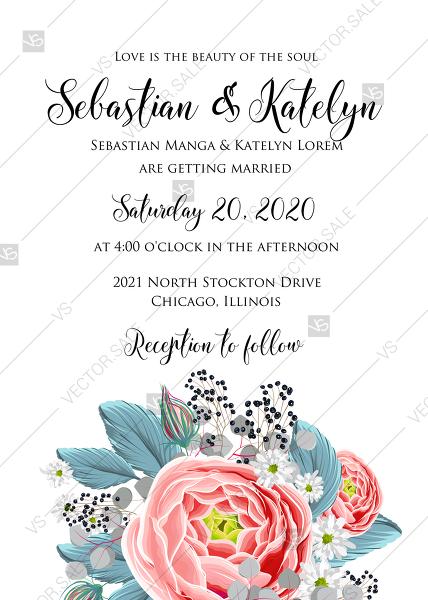 Hochzeit - Wedding invitation set pink peony tea rose ranunculus decor floral card template PDF 5x7 in create online