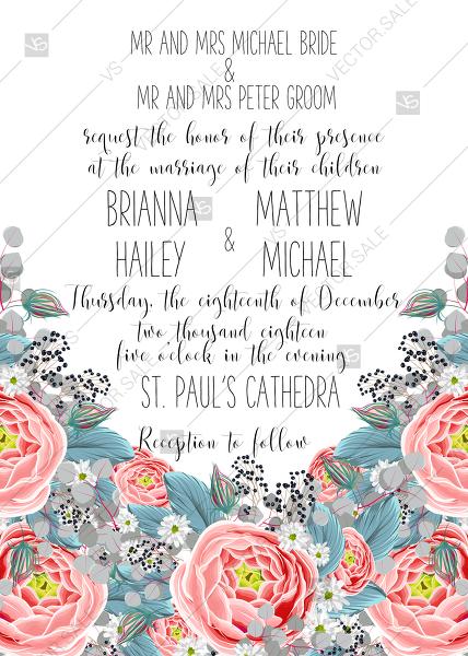 Wedding - Wedding invitation set pink red peony tea rose ranunculus floral card template PDF 5x7 in PDF editor