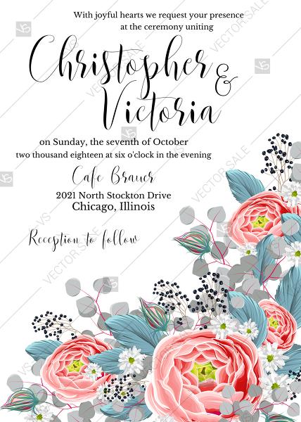 Mariage - Wedding invitation set pink peony tea rose ranunculus floral card template PDF 5x7 in PDF download