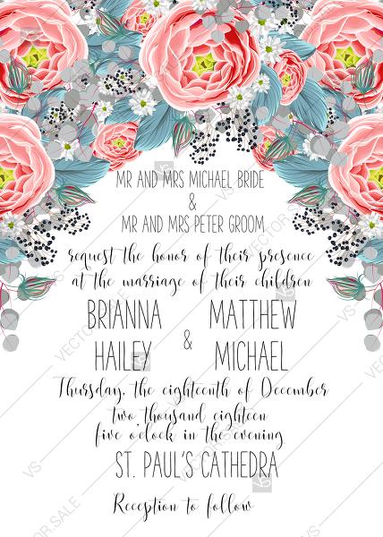 زفاف - Wedding invitation set pink peony wreath tea rose ranunculus floral card template PDF 5x7 in PDF maker