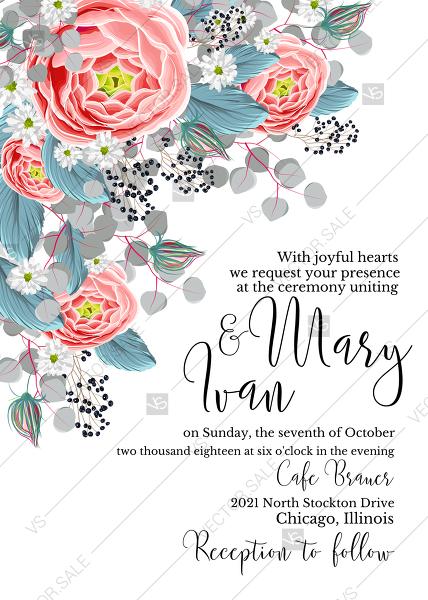 Wedding - Wedding invitation set pink peony tea rose ranunculus floral card template PDF 5x7 in PDF template