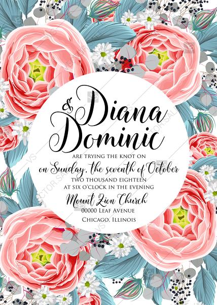 Wedding - Wedding invitation set pink peony tea rose ranunculus floral card template PDF 5x7 in customize online
