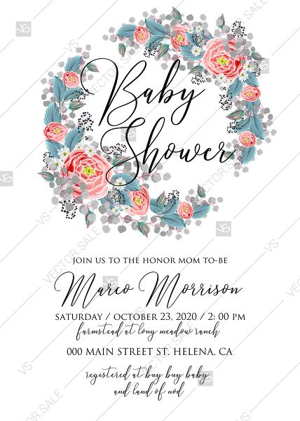 Hochzeit - Baby shower wedding invitation set pink peony tea rose ranunculus floral card template PDF 5x7 in edit online