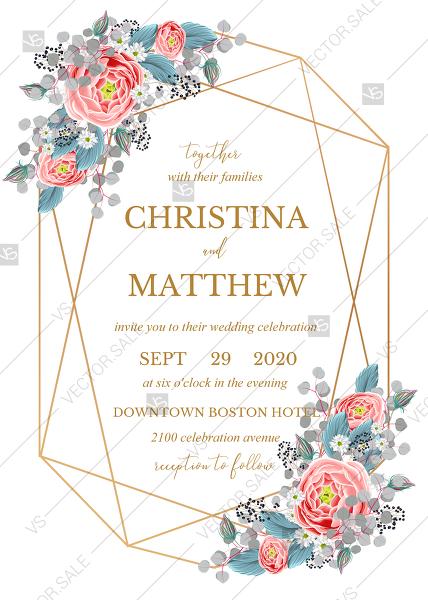 زفاف - Wedding invitation set pink peony tea rose ranunculus floral card template gold frame PDF 5x7 in personalized invitation
