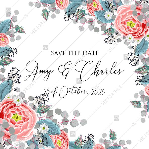 زفاف - Save the date wedding invitation set pink peony tea rose ranunculus floral card template PDF 5.25x5.25 in online maker