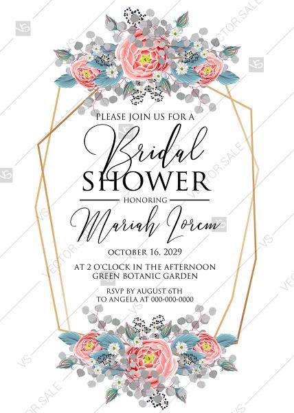 Wedding - Bridal shower wedding invitation set pink peony tea rose ranunculus floral card template PDF 5x7 in edit template