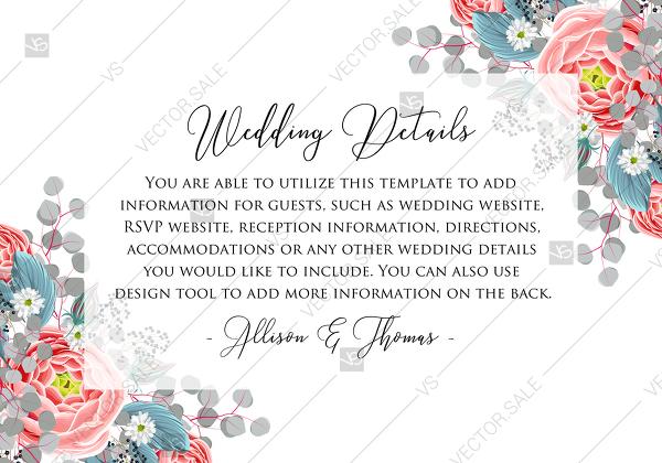 Hochzeit - Wedding details card invitation set pink peony tea rose ranunculus floral card template PDF 5x3.5 in PDF maker