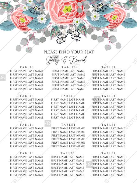 Hochzeit - Seating cart banner wedding invitation set pink peony rose ranunculus floral card template PDF 18x24 in wedding invitation maker