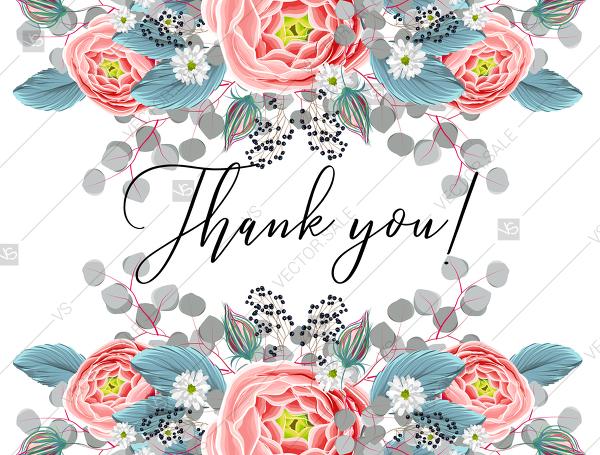 Wedding - Thank you card wedding invitation set pink peony tea rose ranunculus floral card template PDF 5.6x4.25 in instant maker