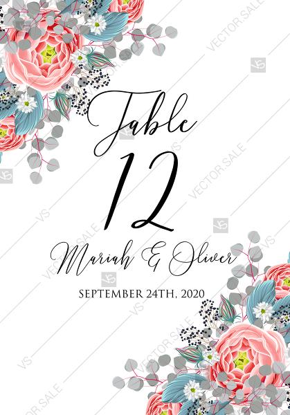 Свадьба - Table card wedding invitation set pink peony tea rose ranunculus floral card template PDF 3.5x5 in create online