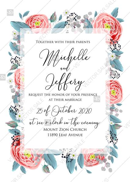Hochzeit - Wedding invitation set pink peony tea rose ranunculus floral card template PDF 5x7 in PDF editor