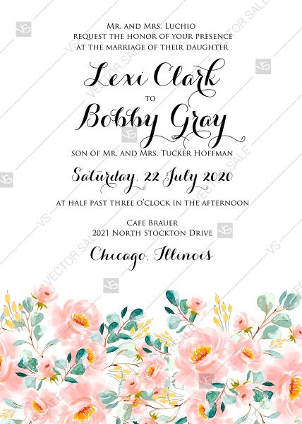 Wedding - Wedding invitation set blush pastel peach rose peony sakura watercolor floral rustic PDF 5x7 in invitation editor
