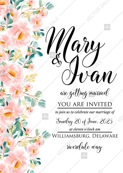Свадьба - Wedding invitation set blush pastel peach rose peony sakura watercolor floral holiday card PDF 5x7 in personalized invitation