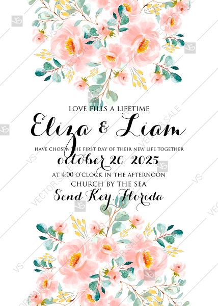 Hochzeit - Wedding invitation set blush pastel peach rose peony sakura watercolor floral eucaliptus celebration PDF 5x7 in create online