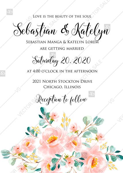Wedding - Wedding invitation set blush pastel peach rose peony sakura watercolor floral marriage PDF 5x7 in wedding invitation maker