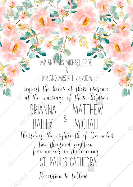 Hochzeit - Wedding invitation set blush pastel peach rose peony sakura watercolor floral greeting card PDF 5x7 in instant maker