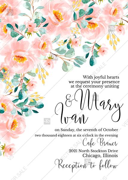 زفاف - Wedding invitation set blush pastel peach rose peony sakura watercolor floral eucaliptus card PDF 5x7 in PDF editor