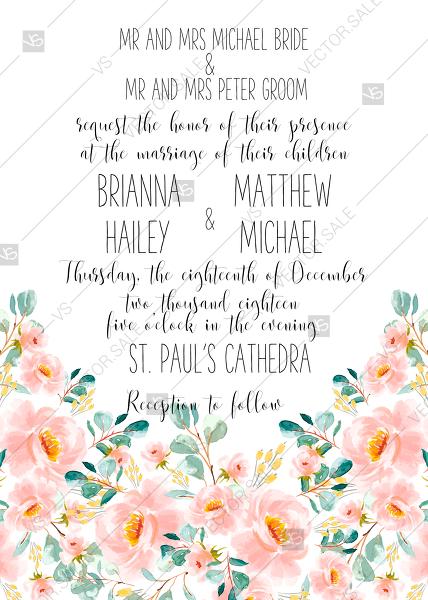 Свадьба - Wedding invitation set blush pastel peach rose peony sakura watercolor floral eucaliptus wreath PDF 5x7 in PDF maker