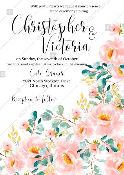 Hochzeit - Wedding invitation set blush pastel pink rose peony sakura watercolor floral eucaliptus greenery PDF 5x7 in PDF template