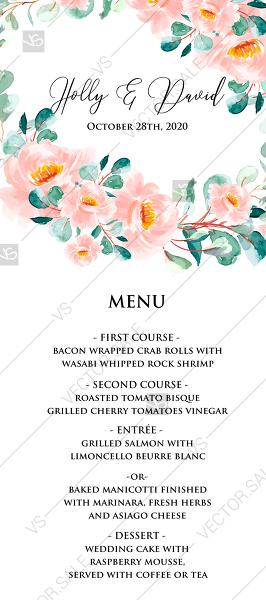 Свадьба - Wedding menu invitation set blush pastel peach rose peony sakura watercolor floral eucaliptus greenery PDF 4x9 in edit template