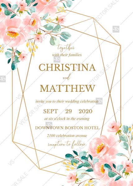 Hochzeit - Wedding invitation set blush pastel peach rose peony sakura watercolor floral gold frame PDF 5x7 in customize online