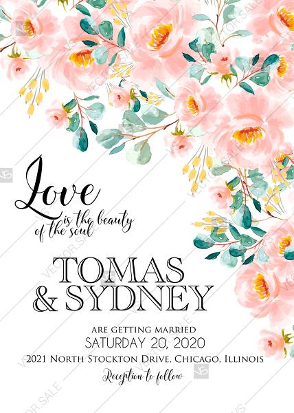 Hochzeit - Wedding invitation set blush pastel peach rose peony apple blossom floral eucaliptus greenery PDF 5x7 in PDF download