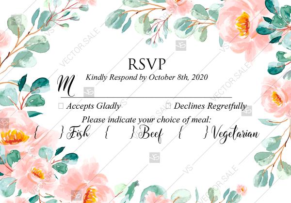 Wedding - RSVP card wedding invitation set blush peach rose peony sakura watercolor floral greenery PDF 5x3.5 in customizable template