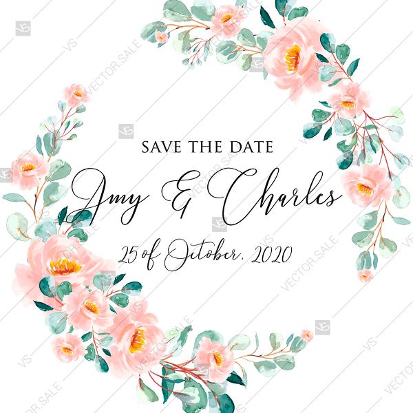 زفاف - Save the date wedding invitation set blush pastel peach rose peony sakura watercolor floral PDF 5.25x5.25 in online editor