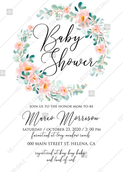 Свадьба - Baby shower invitation set blush wreath peach rose peony sakura watercolor floral eucaliptus PDF 5x7 in personalized invitation