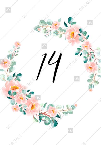 Wedding - Table card wedding invitation blush pastel peach rose peony sakura watercolor floral eucaliptus PDF 3.5x5 in invitation maker