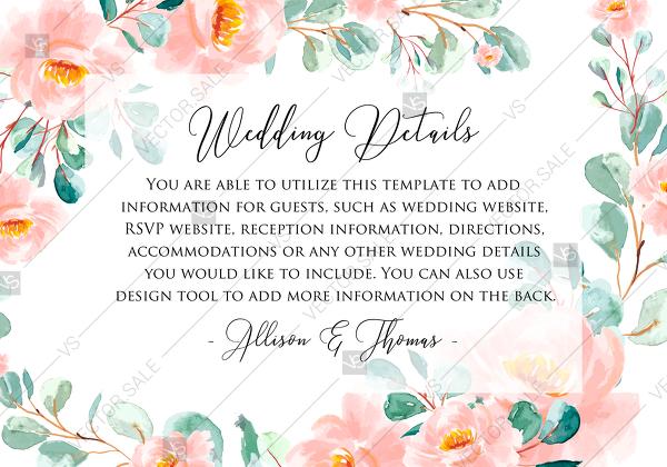 Mariage - Wedding details invitation set blush pastel peach rose peony sakura watercolor floral eucaliptus PDF 5x3.5 in instant maker