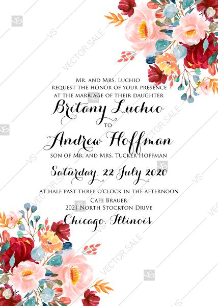 Свадьба - Wedding invitation set marsala pink peony maroon red rose watercolor greenery PDF 5x7 in
