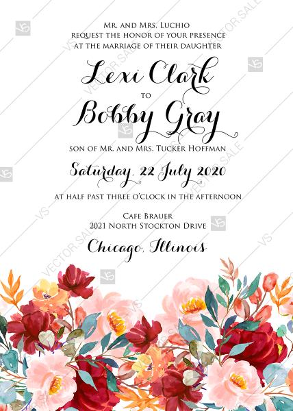 Hochzeit - Wedding invitation set marsala pink peony bright rose watercolor greenery PDF 5x7 in invitation maker