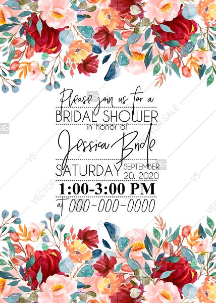 Wedding - Bridal shower wedding invitation set marsala pink peony rose printable watercolor greenery PDF 5x7 in invitation editor
