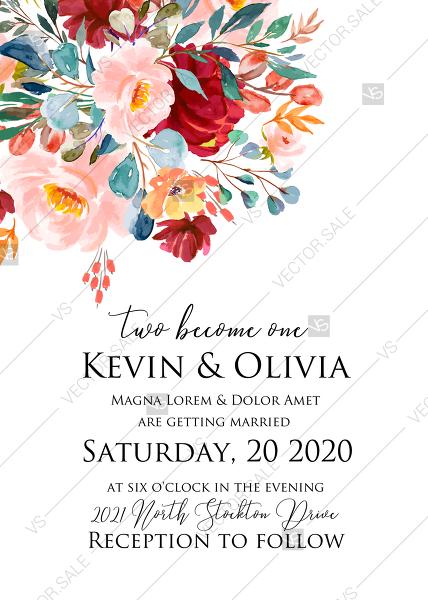 زفاف - Wedding invitation set marsala pink peony rose flower watercolor greenery PDF 5x7 in personalized invitation