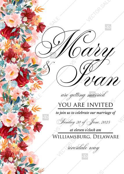 Wedding - Wedding invitation set marsala pink peony rose template watercolor greenery PDF 5x7 in customize online