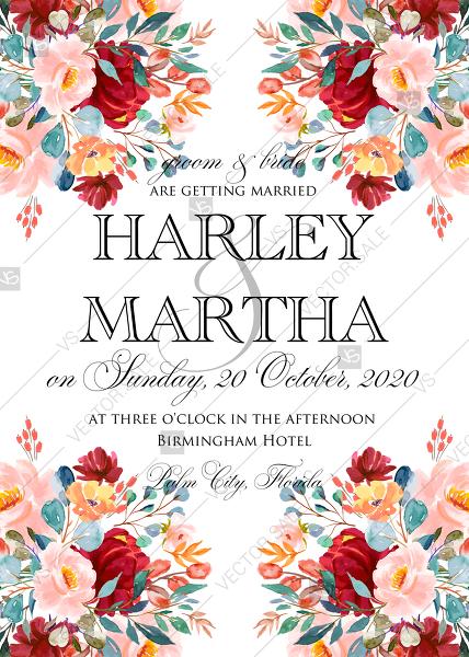 Wedding - Wedding invitation bartism set marsala pink peony rose floral frame watercolor greenery PDF 5x7 in edit online