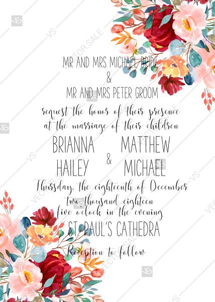 Wedding - Wedding invitation set marsala pink peony baptism card rose watercolor greenery PDF 5x7 in customizable template