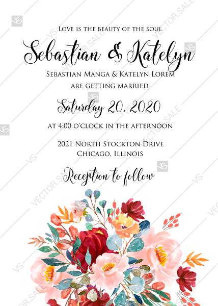 Hochzeit - Wedding invitation set marsala pink peony orange rose watercolor greenery PDF 5x7 in online maker