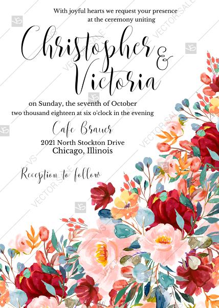 Hochzeit - Wedding invitation set marsala pink peony rose bouquet watercolor greenery PDF 5x7 in PDF editor