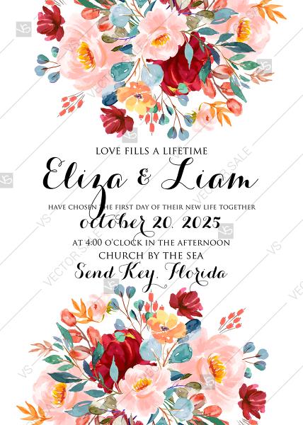 Hochzeit - Wedding invitation set marsala pink peony peach pink rose watercolor greenery PDF 5x7 in wedding invitation maker