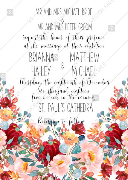 Hochzeit - Wedding invitation set marsala pink borgundy peony rose watercolor greenery PDF 5x7 in instant maker