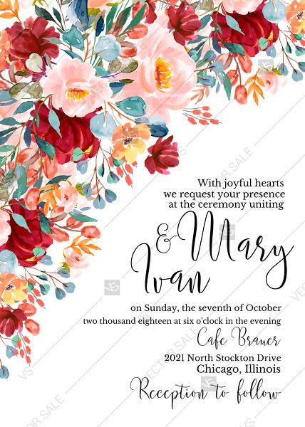 Wedding - Wedding invitation set marsala pink peony dark red rose watercolor greenery PDF 5x7 in PDF maker